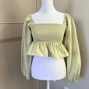Pacsun LA Hearts Green Smocked Puff Sleeve Peplum Crop Top S